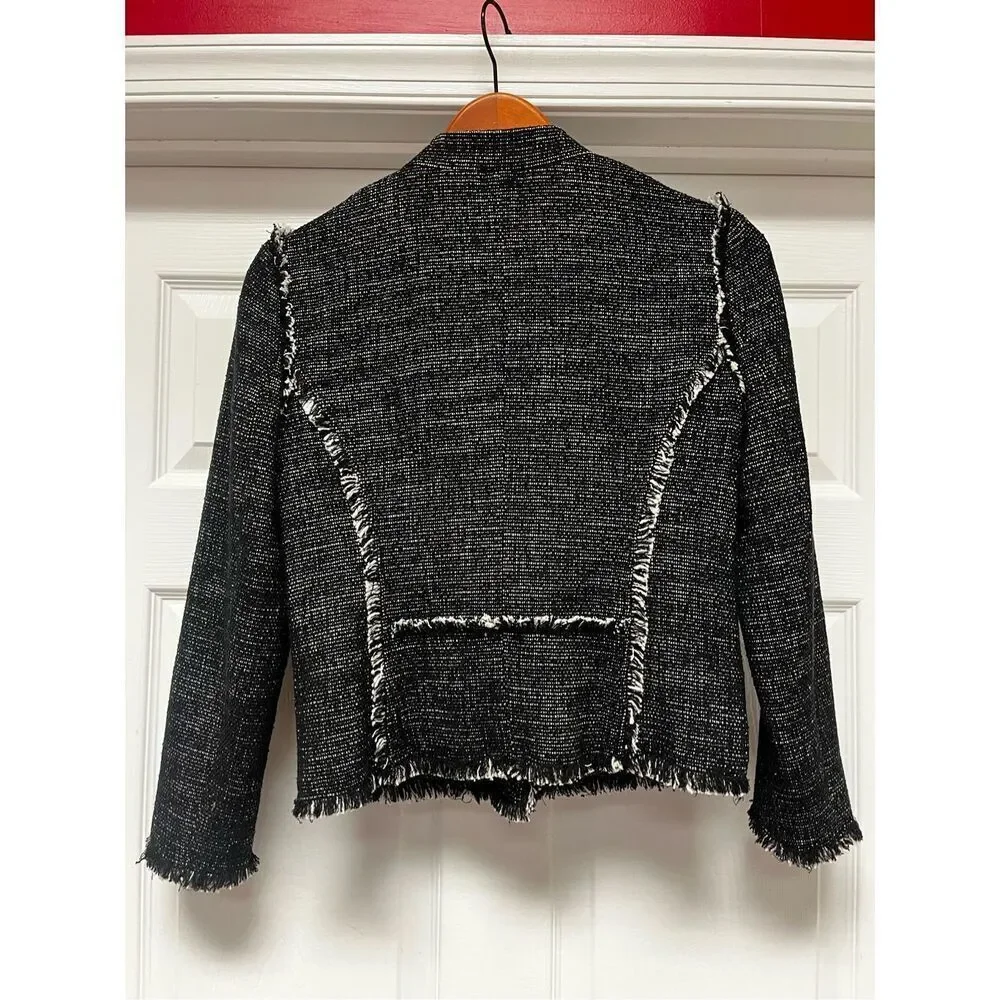 Ann Taylor Black Tweed Raw Hem Asymmetrical Jacket sz XS NWOT